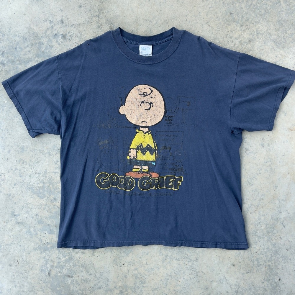 M&O Knits Charlie Brown T-Shirt Mens XL Blue Good Grief Graphic Distressed